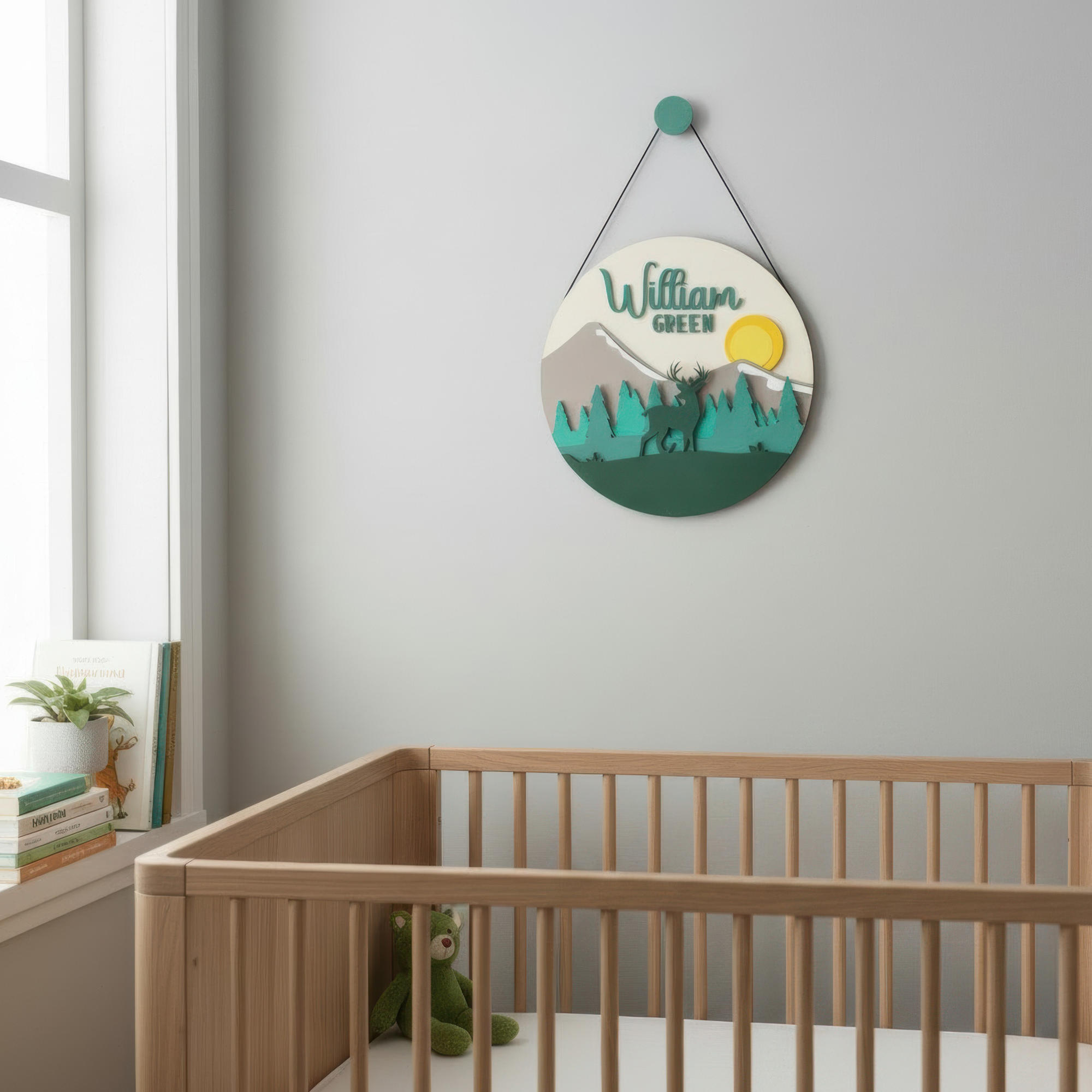 Personalized Wooden Name Sign for Nursery – Mountain & Deer Wall Decor