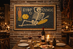 Ancient Roman Mosaic Framed Canvas, Skeleton Wine Wall Art, “Be Cheerful Enjoy Your Life” Decor